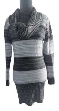 Knit Minded Sweater Medium Made USA Gray Black Stripe Cowl Neck Long Tunic